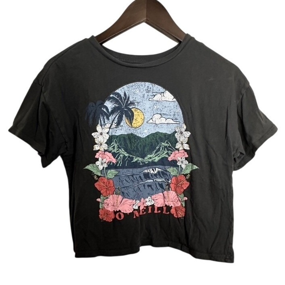 O'Neill Girls Large Charcoal Black Tropical Hibiscus Graphic Surf T-Shirt L